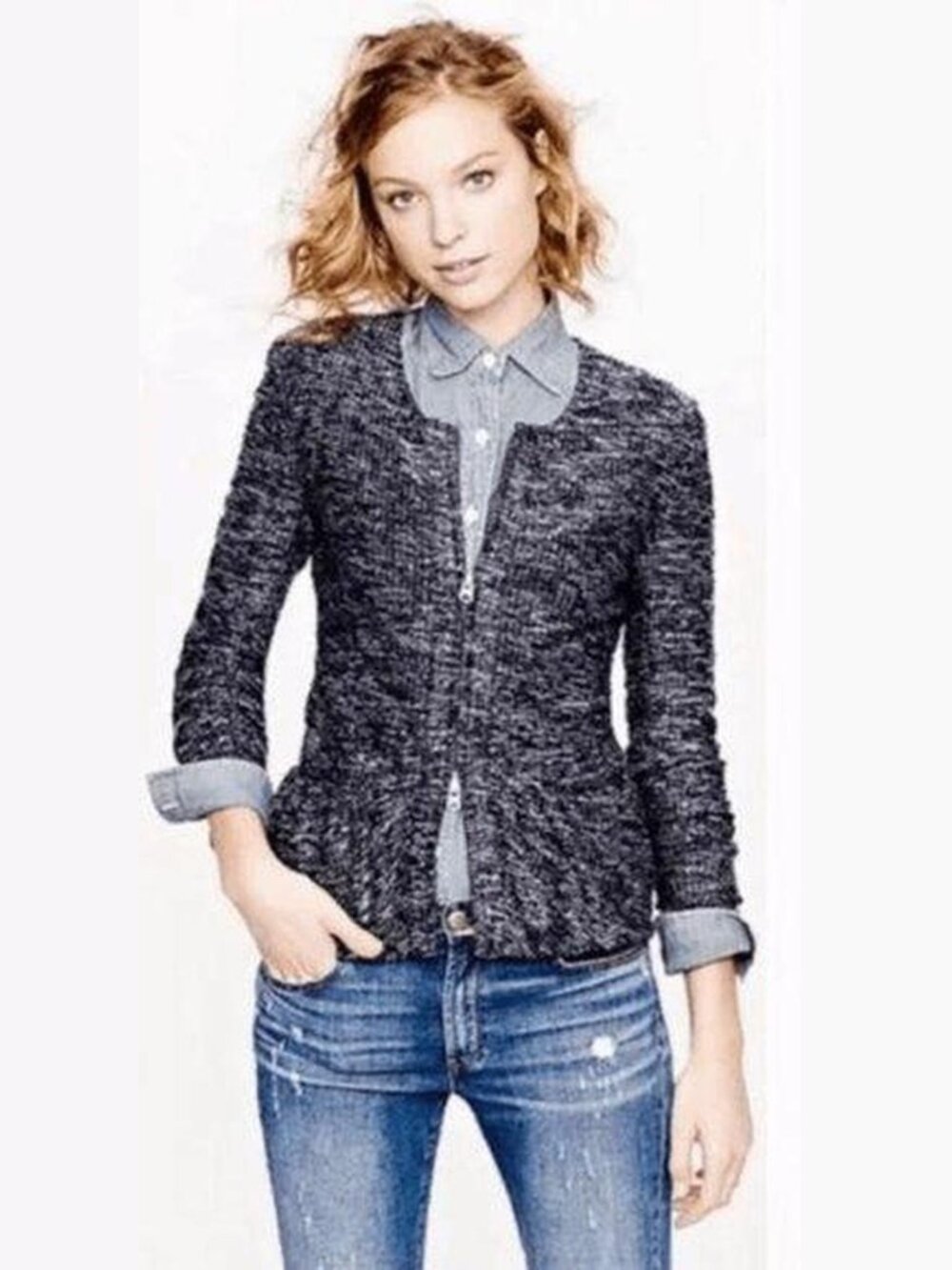2/$30 J. Crew Bouclé Peplum Jacket Navy White Small #A3386